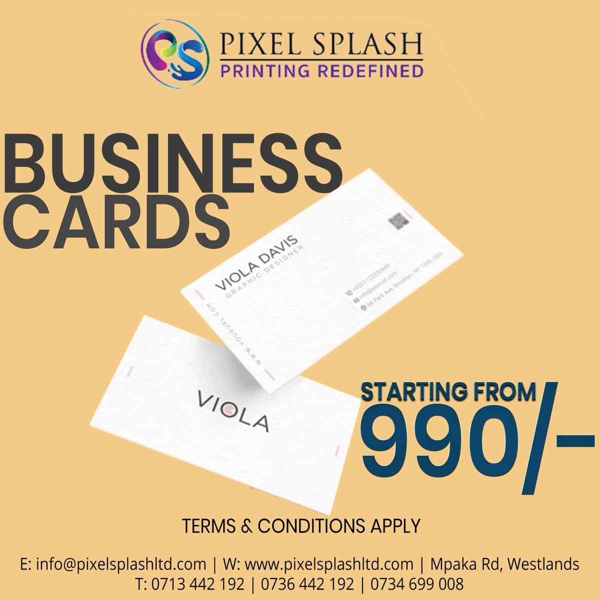 Pixelsplashltd's tweet photo. Business cards are a very important element of branding your business.  Get your quality business cards printed today from only 990/- for 100pcs.
#businesscard #design #business #branding #businesscarddesign  #printing #marketing  #designer #businesstips #brand #nairobi https://t.co/64AdBl1Ihz