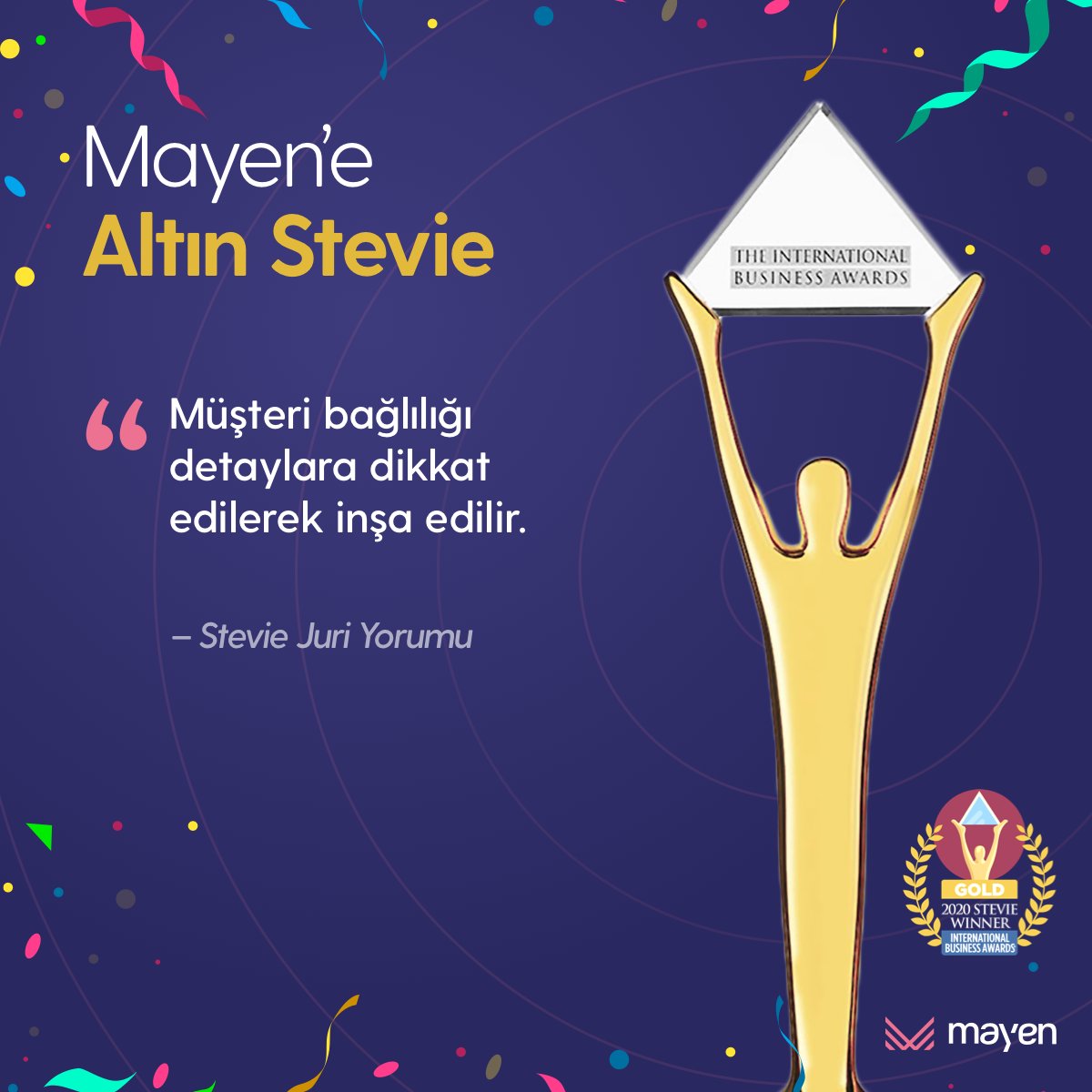 mayencrm's tweet photo. Mayen Stevie Awards’ta Müşteri Hizmetleri “Yılın Şirketi” kategorisinde Altın Stevie ödülüne layık görüldü. 

Mayen was awarded Gold Stevie Award in the category of Consumer Services “Company of the Year”. 

#stevieawards #stevieödülleri #mayen #crm #bpo #peopleschoice https://t.co/FC8nsmHVLy