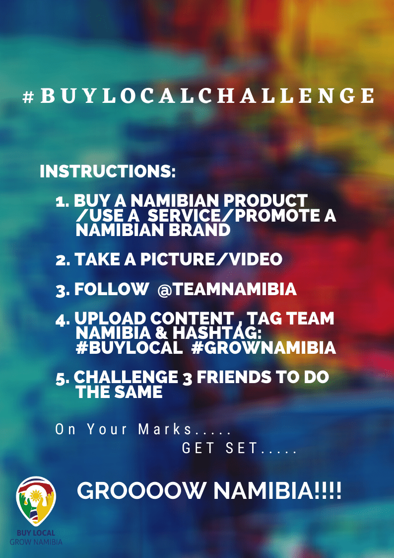 TeamNamibia's tweet photo. Hello Namibia
Have you joined the #buylocalchallenge yet? 
5 easy steps and you can win big EVERY Friday!!
On Your Marks. Get SET. Grooooow Namibia
@pnpnamibia @ShopriteNamibia @WBSupermarkets  @ohlthaverlist @pupkewitzH @WeckeVoigts @Bakpro @NamDairies @MTCNamibia @airnamibia1 https://t.co/NZ4VBCCpXt