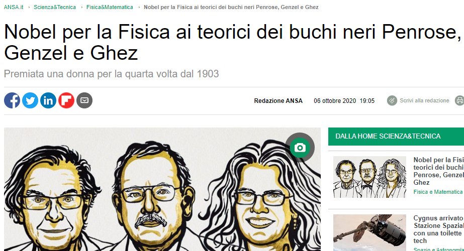 "Andrea Ghez è la quarta donna a ricevere il Premio Nobel per Fisica. La prima ad avere questo riconoscimento era stata Marie Curie nel 1903. In seguito, sono state premiate Maria Goeppert-Mayer, nel 1963, e Donna Strickland nel 2018." via <a href="/Agenzia_Ansa/">Agenzia ANSA</a>