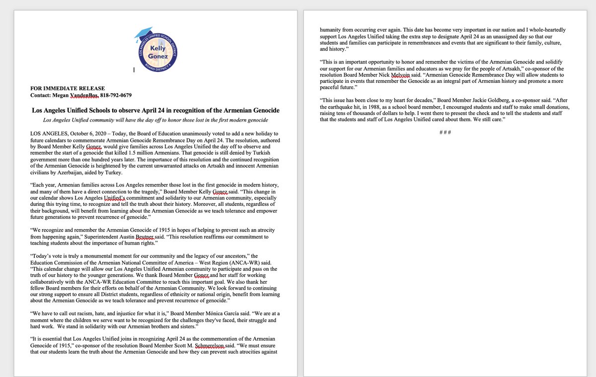 NR: Los Angeles Unified Schools to observe April 24 in recognition of the Armenian Genocide
bit.ly/36DPMiJ <a href="/Kelly4LASchools/">Kelly Gonez, LAUSD</a> <a href="/ScottAtLAUSD/">Scott M. Schmerelson</a> <a href="/nickmelvoin/">Nick Melvoin</a> <a href="/Jackie4LAkids/">Jackie Goldberg, LAUSD Board President</a>