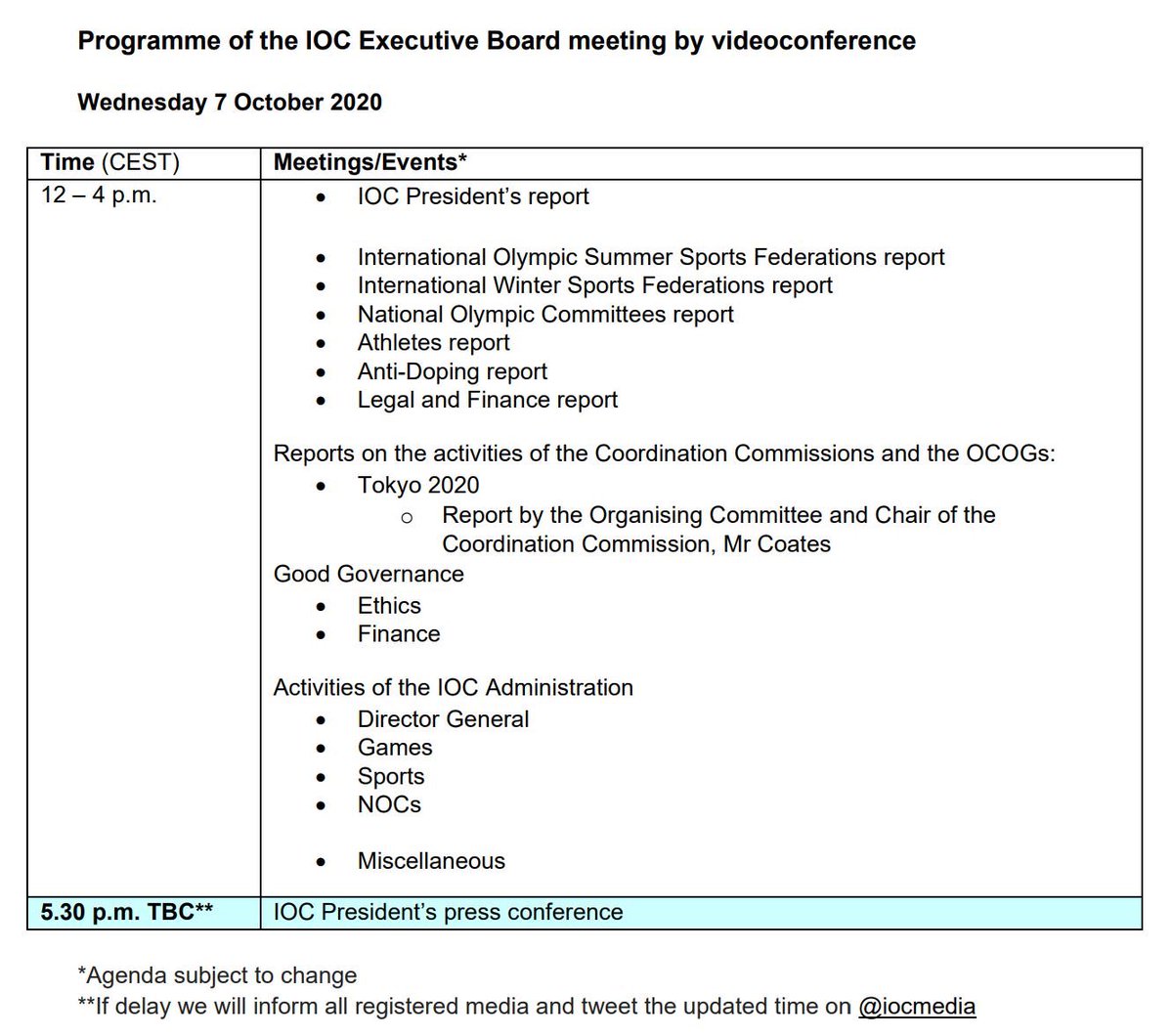 iocmedia's tweet image. Wednesday 7 October: programme of the IOC Executive Board meeting by videoconference olympic.org/news/amp/ioc-e… #IOCEB