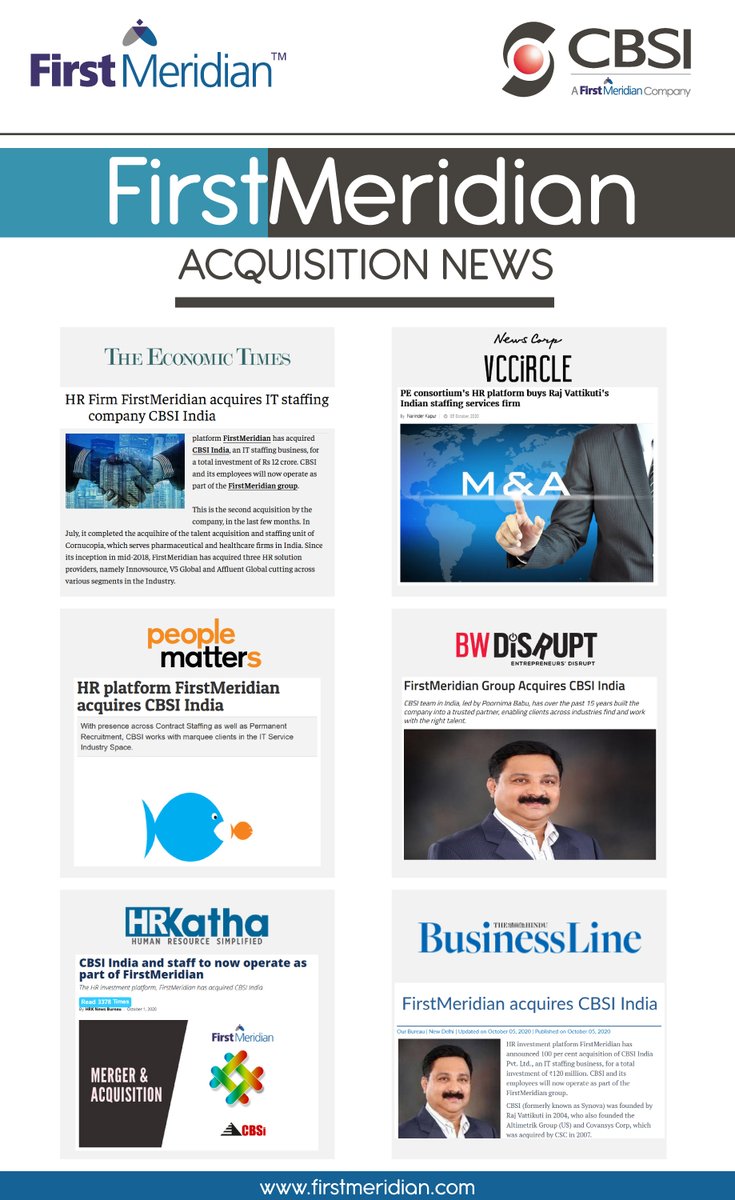 _firstmeridian's tweet image. We are pleased to announce that FirstMeridian has acquired CBSI India, a professional staffing firm that delivers Contract Staffing and Perm Recruitment solutions to marquee clients in the IT Services sector.
News covered by prominent media houses -