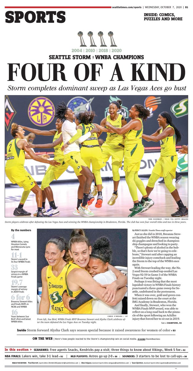 "FOUR OF A KIND." <a href="/SeaTimesSports/">Seattle Times Sports</a> print edition off the <a href="/seattlestorm/">Seattle Storm</a>'s fourth WNBA crown after a sweep of the Las Vegas Aces.