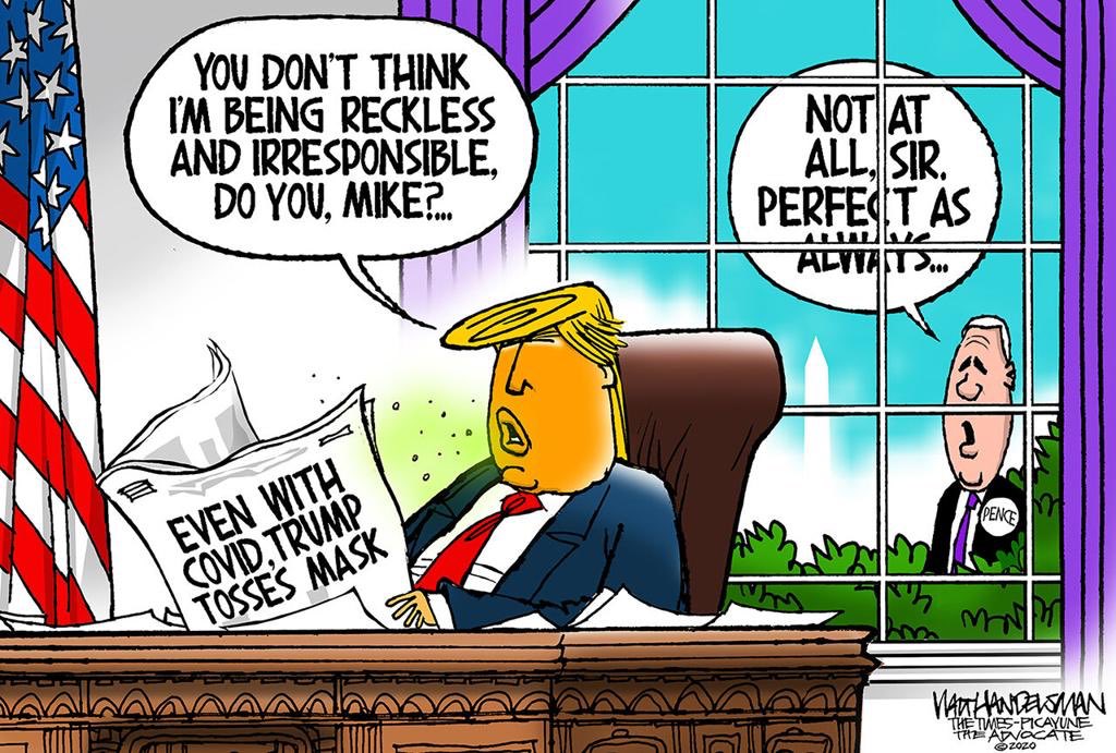Walt_Handelsman's tweet photo. For more cartoons: https://t.co/Rh8RyPwFDB #TrumpCovid19  #RecklessTrump #Irresponsible #whitehousecovidcluster #MasksSaveLives #penceisscared https://t.co/UD6ym5MA1y