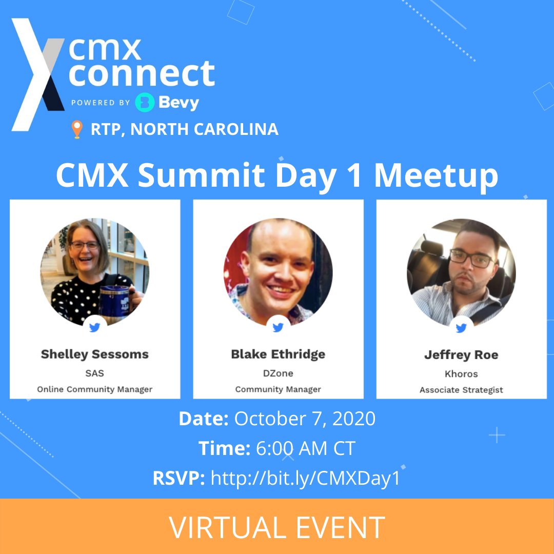 NeedSampleCode's tweet photo. Ready to catch up on day 1 of #CMXSummit2020? Don't miss our CMX Connect meetup on the 7th:
https://t.co/j6bEig2wKA

We will be super early &amp; live especially for international audiences.

Join me, @chaffrey &amp; @SSessoms! A team-up of CMX Connect Austin + RTP ⚡️ #CMXSummit @CMX https://t.co/RWDvXf81Yo
