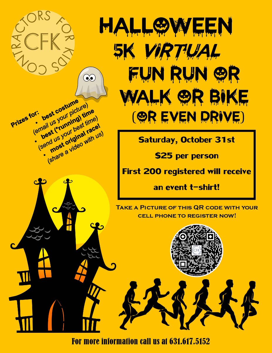 Have you signed up yet? Join us on Halloween for our first virtual 5k. Call for info. Prizes for largest fundraiser, largest team, best costume, best running time, and most original race! You can be anywhere in the world to participate. contractors-for-kids.mybigcommerce.com/halloween-vi…/
631-617-5152.