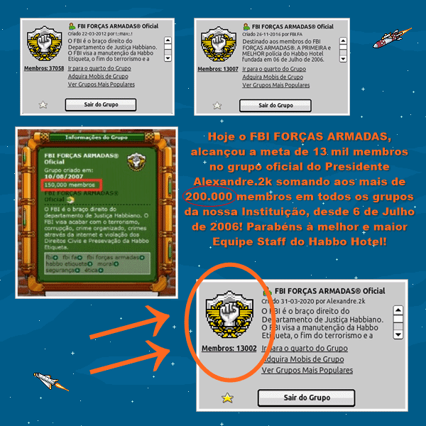 FBIFA_'s tweet photo. Boa noite! 📢

Hoje o FBI FORÇAS ARMADAS® acaba de bater mais uma meta HISTÓRICA: 13 mil membros no grupo oficial do Presidente Alexandre.2k! 🏆🚓

A Primeira e Maior Polícia do Habbo Hotel criada a 6 de Julho de 2006, soma agora mais de 200.000 membros em todos os seus Grupos. + https://t.co/aUMGB2nEOf