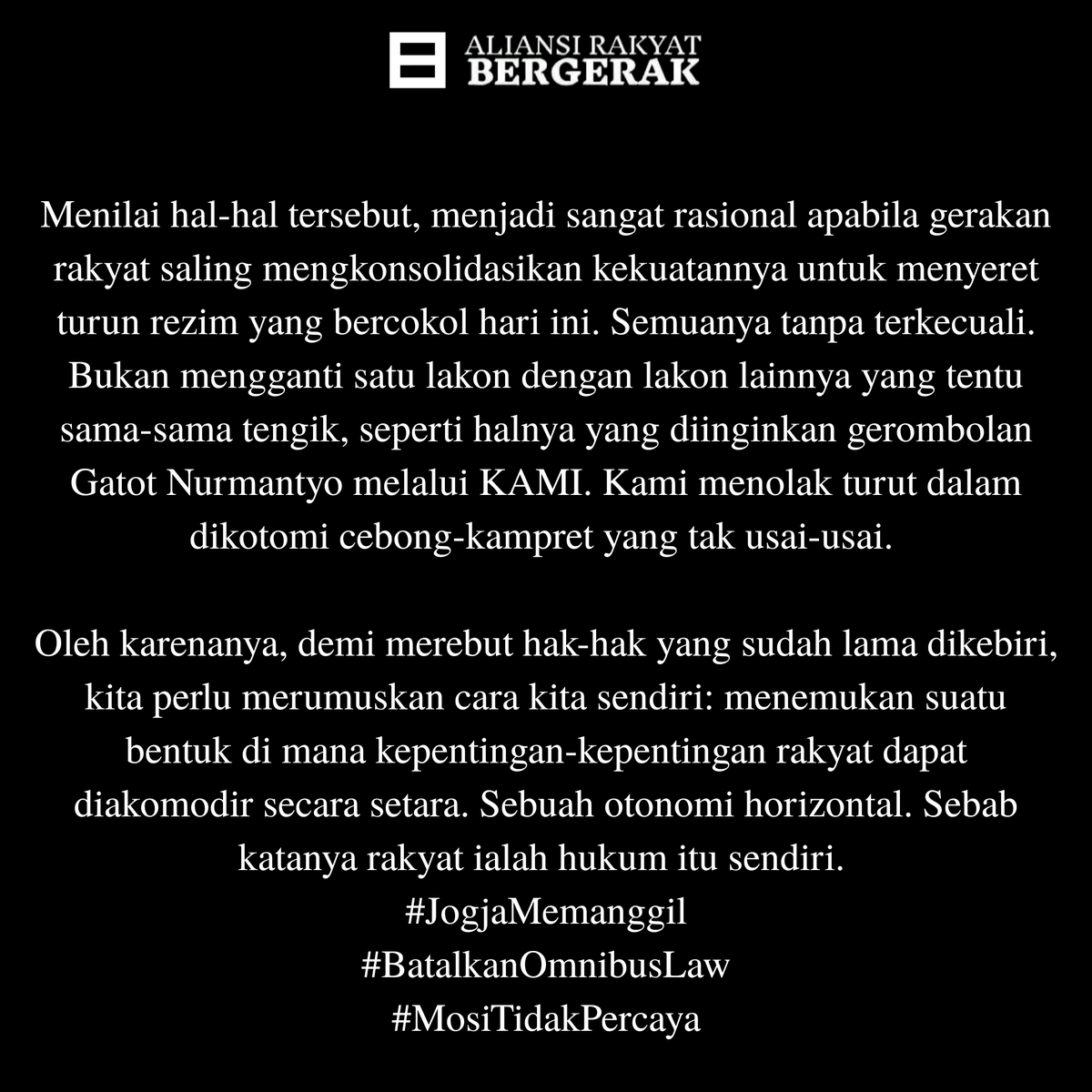 GejayanCalling's tweet photo. Untuk urgensi penolakan Omnibus Law, kami kira kita sudah tak perlu berdebat. Namun jika kalian bertanya-tanya 'mengapa turunkan Jokowi-Ma'ruf?', 'mengapa dewan rakyat?', 'kepada siapa tuntutan ditujukan?' sila dibaca terlebih dahulu. 
#JogjaMemanggil https://t.co/vEBHj8lit6