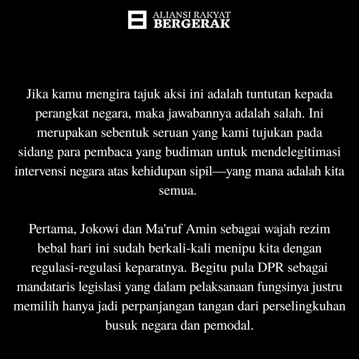GejayanCalling's tweet photo. Untuk urgensi penolakan Omnibus Law, kami kira kita sudah tak perlu berdebat. Namun jika kalian bertanya-tanya 'mengapa turunkan Jokowi-Ma'ruf?', 'mengapa dewan rakyat?', 'kepada siapa tuntutan ditujukan?' sila dibaca terlebih dahulu. 
#JogjaMemanggil https://t.co/vEBHj8lit6
