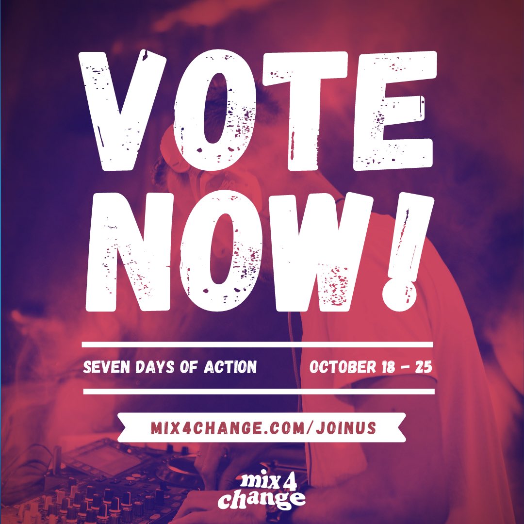 mix4change's tweet photo. 🚨 ANNOUNCEMENT 🚨
today we launch our new campaign,
VOTE NOW! this will be a week of action fueled by our #mix4change DJ community. If you have the option to vote early, DO NOT WAIT for election day! https://t.co/HhnhOYMefI