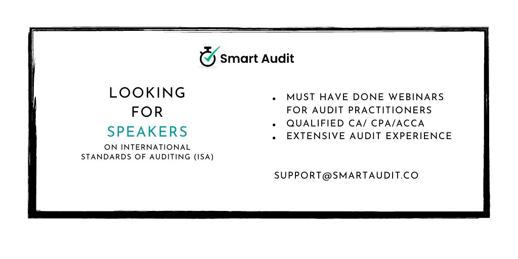 smartauditteam's tweet photo. We are looking for 3 awesome speakers on the topics related to updates on International Standards of Auditing for a webinar in collaboration with a professional body. Appreciate your recommendations and/or sharing this post in your networks. https://t.co/oBL9BlEjrz