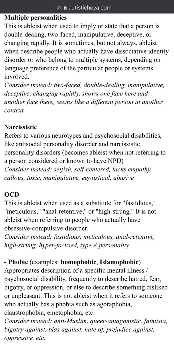 Terms that are not inherently ableist but can become so in context: I myself would like to add “Deranged” and “Unhinged” as the new twitter buzz words that are just another metaphor for mental illness and synonymous with “crazy/insane”.