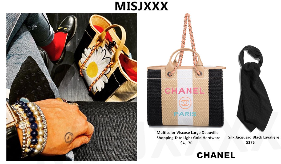 GDSTYLE on X: #GDStyle 👉🏻#Chanel Multicolor Viscose Large Deauville  Shopping Tote Light Gold Hardware.($4,170) #Chanel Silk Jacquard Black  Lavaliere.($275) #gdragon #gd  / X