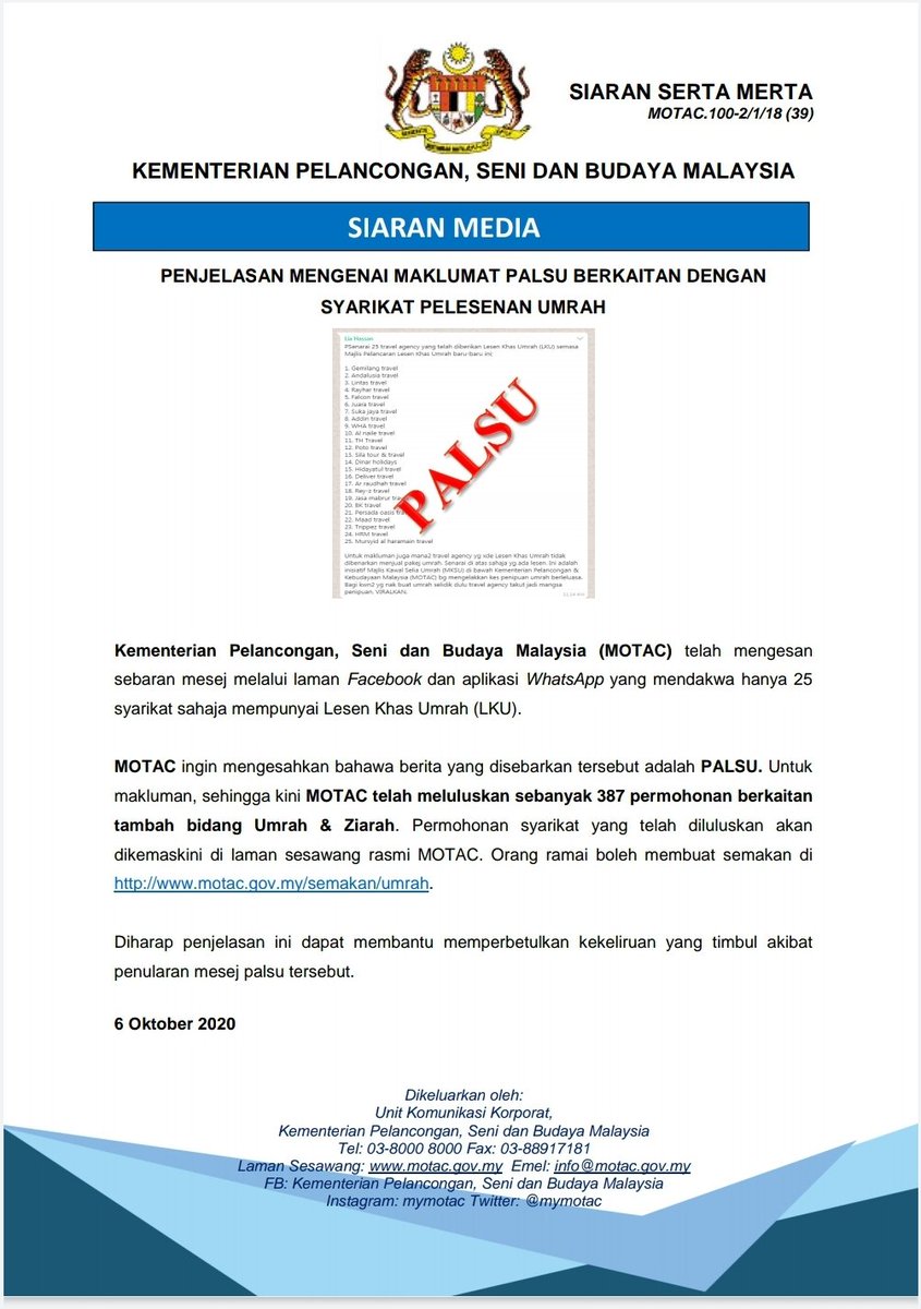Motac On Twitter Siaran Media Penjelasan Mengenai Maklumat Palsu Berkaitan Dengan Syarikat Pelesenan Umrah Mymotac Malaysiatrulyasia Cuticutimalaysia Malaysianvisitmalaysia Malaysiadestinasikita Malaysiadestinasiselamat