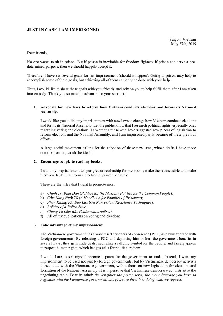will_nguyen_'s tweet photo. Pham Doan Trang left this letter with me, to publicize upon her arrest. Please share. https://t.co/lVt52Kpkea