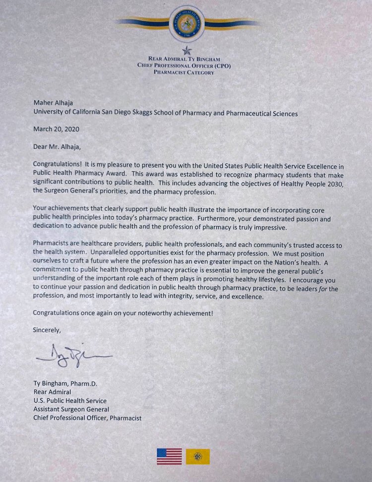 I am very honored to be one of the students pharmacists around the U.S. to receive the Excellence In Public Health Pharmacy Award. Pharmacists are the most accessible healthcare providers and play a huge role in public health and safety. Thank you @USPHSPharmacy