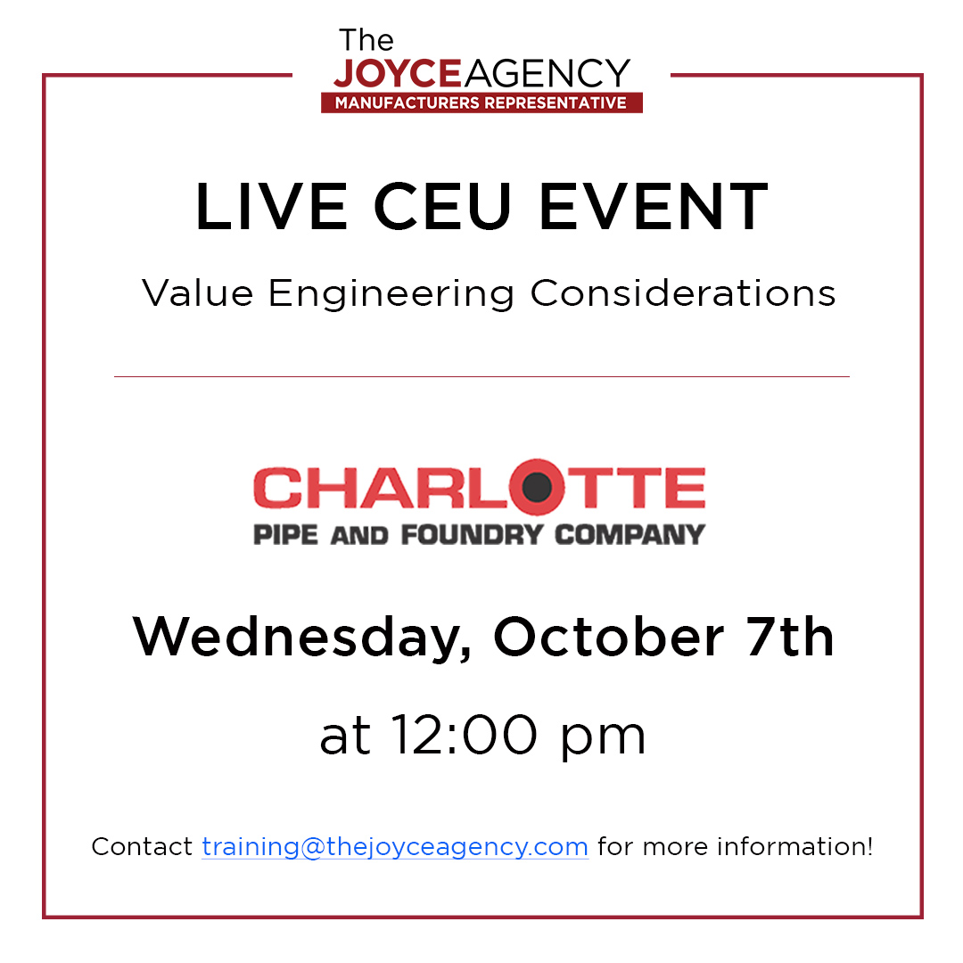 JoyceAgencyReps's tweet photo. Need #ASPE credits? We're hosting "Value Engineering Considerations" from @charlottepipe tomorrow.
Use https://t.co/YTGpoasprP to register.
#ceu #continuingeducation #tja #tjatraining #plumbering #buildingindustry #engineering #valueengineering #charlotte https://t.co/Z0AvATEY2a