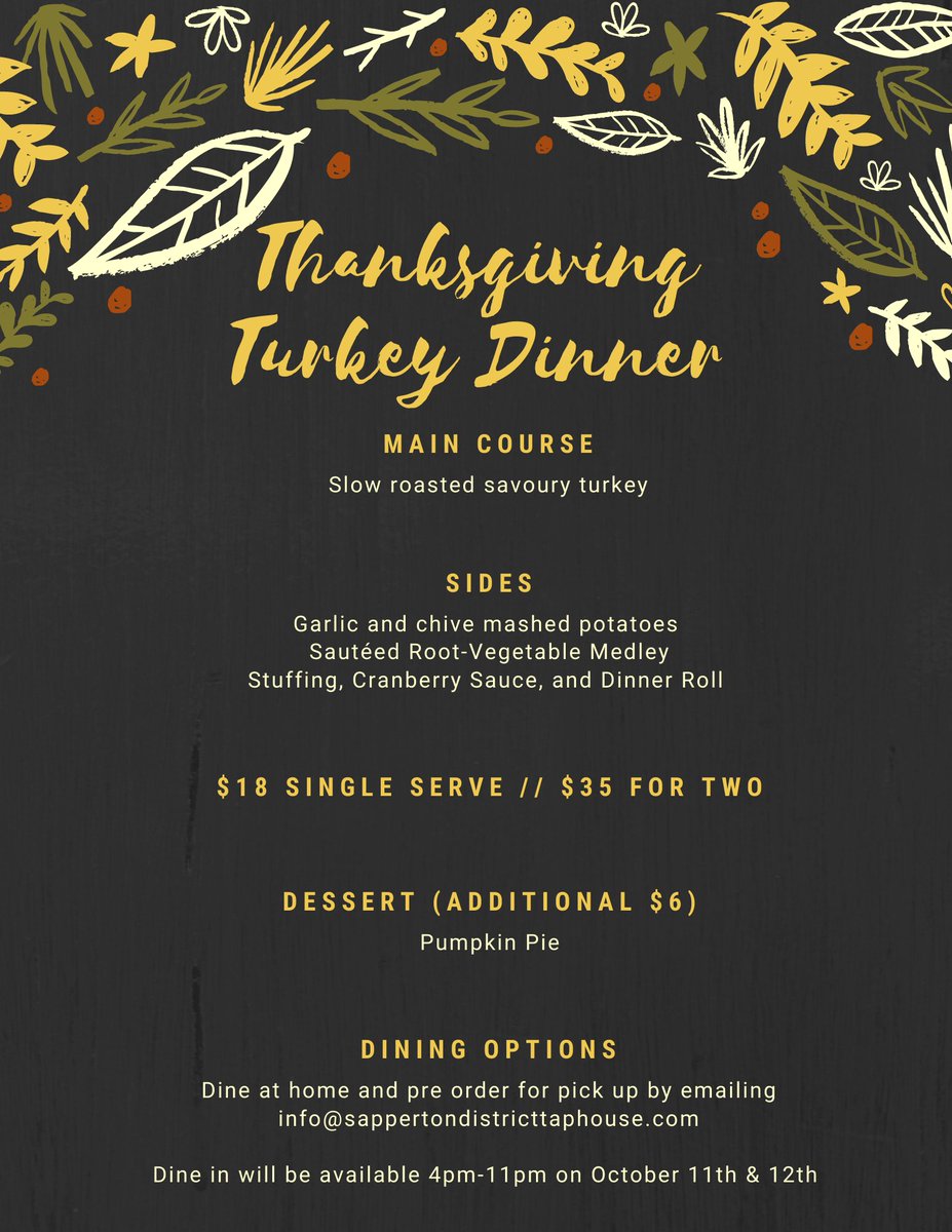 SapDistrictTap's tweet photo. Pre order your turkey dinners to dine in from the comfort of your own home! https://t.co/YhIHL8r7R4 #NewWest #SupportLocal https://t.co/sYFEDBUV1I