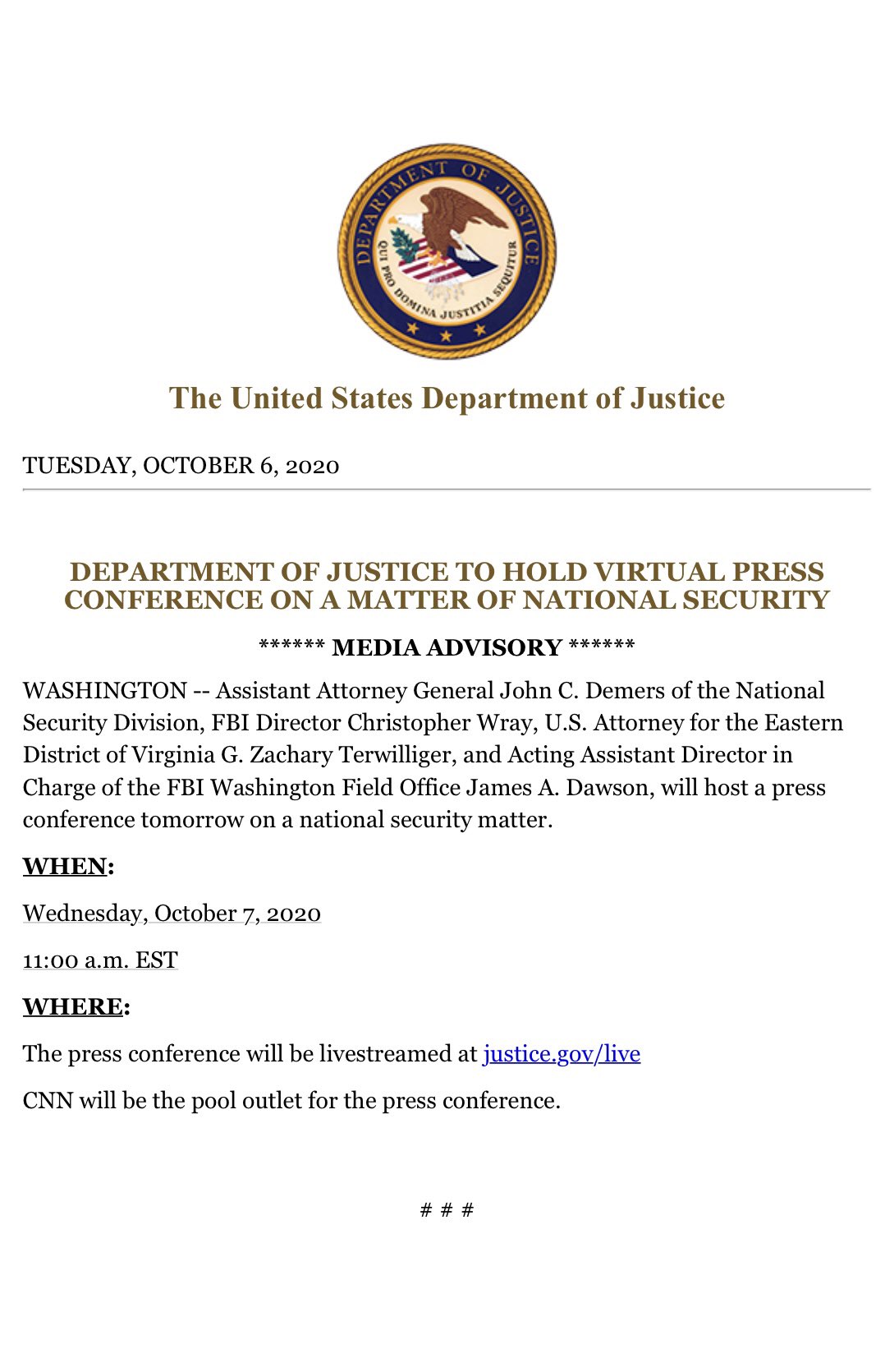 2020_10_07 Department of Justice to Hold Virtual Press Conference on a matter of National Security at 11am EDT – 8am PDT EjsXfnjWkAAnc6f?format=jpg&name=large