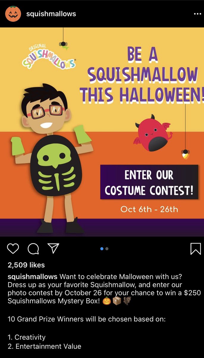 gracemcc02's tweet photo. @Capitaldemarca 1. @squishmallows is highly effective at using @instagram as a marketing tool. The brand encourages consumers to use #squishmallowsquad to show of the aborable, cuddly plush toys in their collections. Today, they even launched a “Malloween” costume contest 🎃... #ICMKTG #NKU205 https://t.co/YS5SqVDHLv
