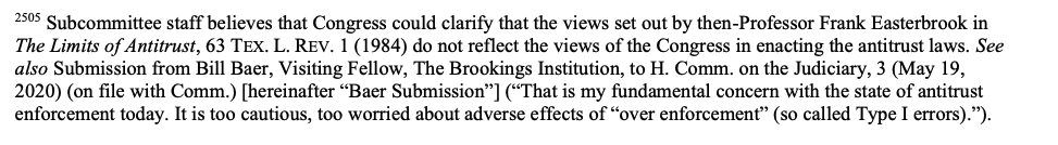 More quality trolling in the footnotes. In this one the subcommittee staff goes after Frank Easterbrook and his ridiculous error framework for mergers.