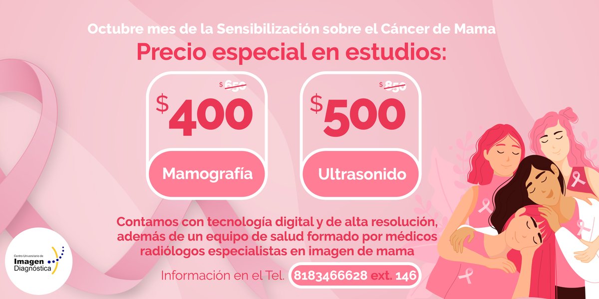 Octubre es el mes rosa dedicado a la sensibilización del cáncer de mama, por ello tenemos precios especiales en mamografía y ultrasonido de mama. 
La detección oportuna salva vidas.

#OctubreRosa #CUID