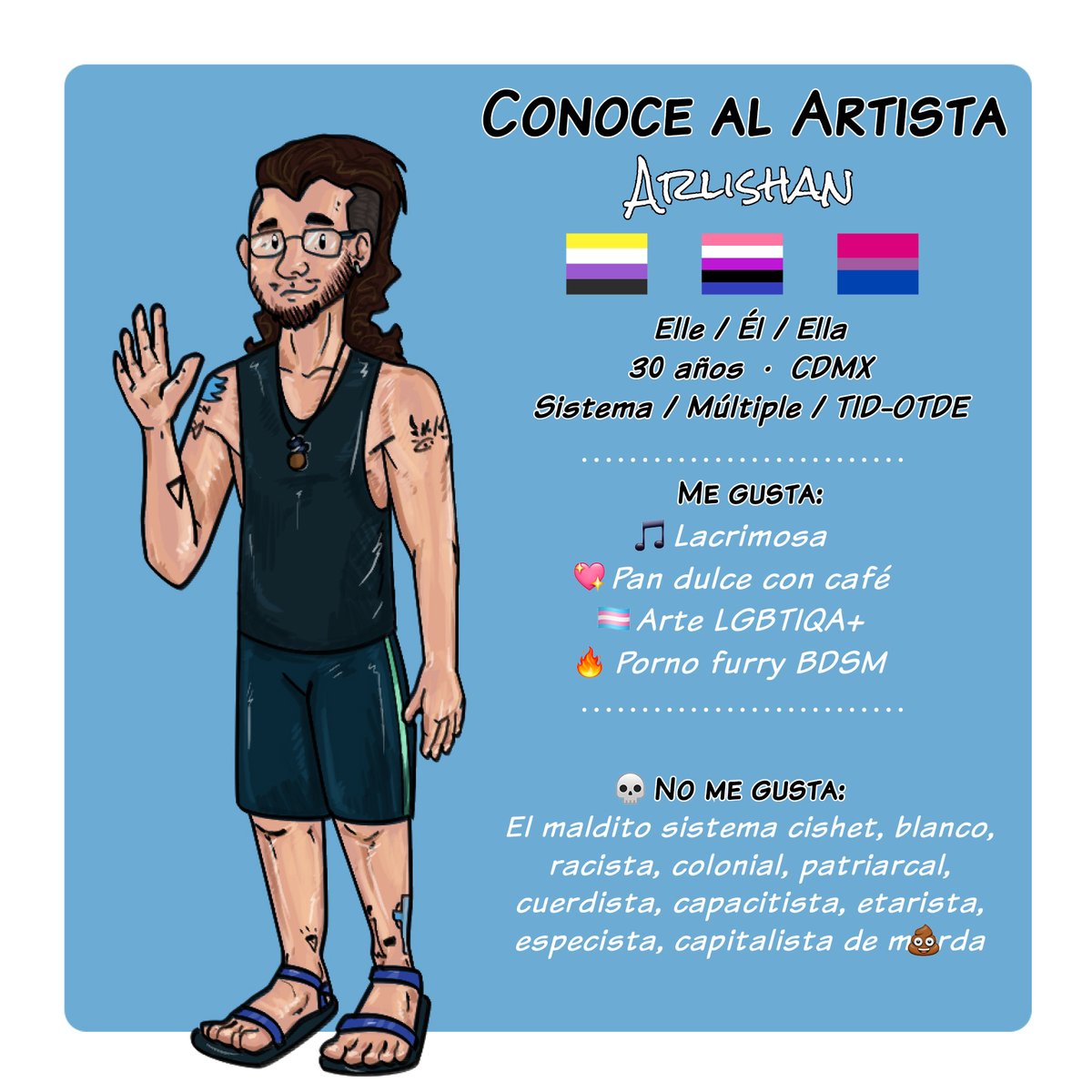 SystemDelta's tweet photo. Mi nombre es Arlishan, tengo 30 años y soy artista visual.
Vivo un cruce identitario interesante: la disidencia sexual y la divergencia neuropsicológica. Soy transmasculinx de género fluido y vivo con (des)Orden Disociativo de la Identidad.
https://t.co/HmCTo9lZOx https://t.co/fijCnmKh6z
