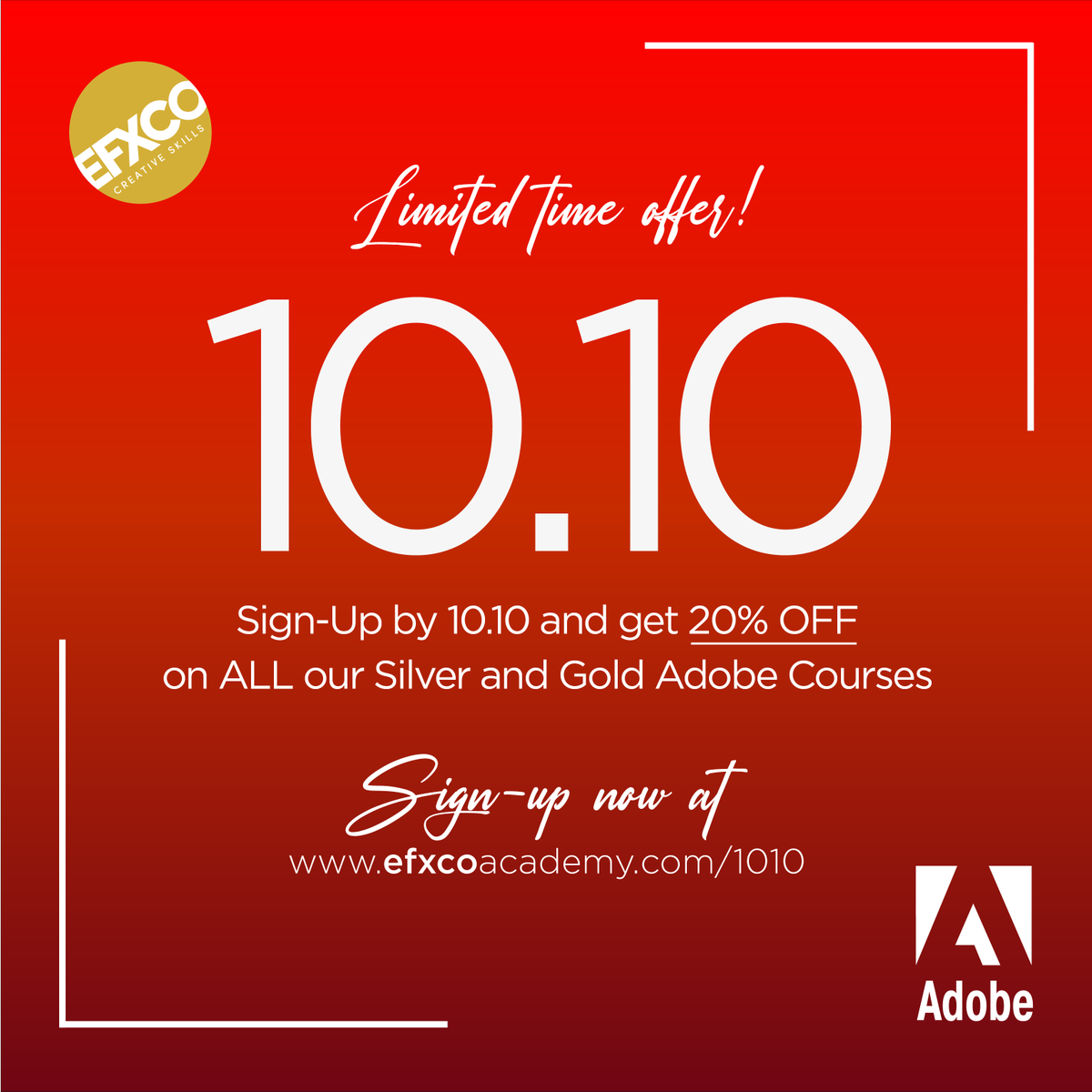 efxcotraining's tweet photo. A Fascinating Surprise Offer for you, did you see it?
20% OFF in all of our Silver (Basic to Intermediate) and Gold (Basic to Advanced) Adobe courses!
How to get the 20% discount? Enter: https://t.co/pGv6XFFWzw
#efxcocreativeskills #discounttraining #efxcotraining #octobersale https://t.co/qoHZfUbtLr