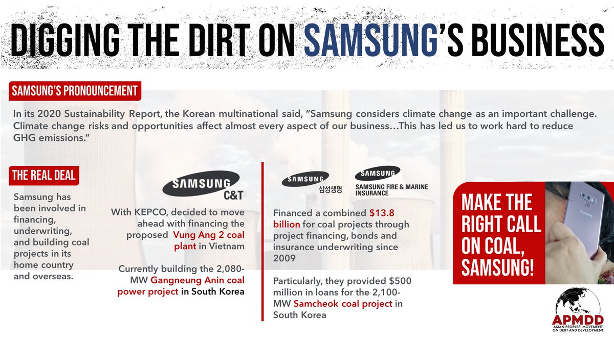 AsianPeoplesMvt's tweet photo. As @Samsung faces the National Assembly of South Korea today, here's a sum of its track record on coal: @Samsungcnt has ongoing and future coal projects lined up, while @samsunglife and @samsungfiretalk have financed a combined total of $14-B in coal projects!  #BadCallSamsung https://t.co/NhT5jWZEIp