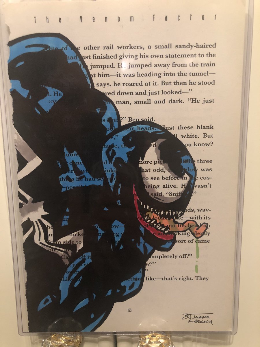 Check out this awesome #Venom piece from <a href="/yardsaleartist/">Jarrod Alberich, The Yard Sale Artist™️🦚</a>! Jarrod is a genius, drawing commissions on recycled books. This one from Spider-Man: The Venom Factor!