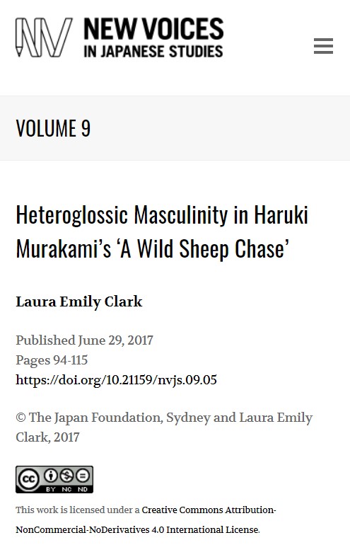 NVJSjournal's tweet photo. @lauraeclark For a taste of Laura's work, here's her #NVJS9 paper, titled 'Heteroglossic Masculinity in Haruki Murakami’s ‘A Wild Sheep Chase’'.
It's always so exciting for us to see #nvjsalumni sharing their research like this. All the best for the talk @lauraeclark!
https://t.co/8KhKYjzwx1 https://t.co/yaDR4ap004