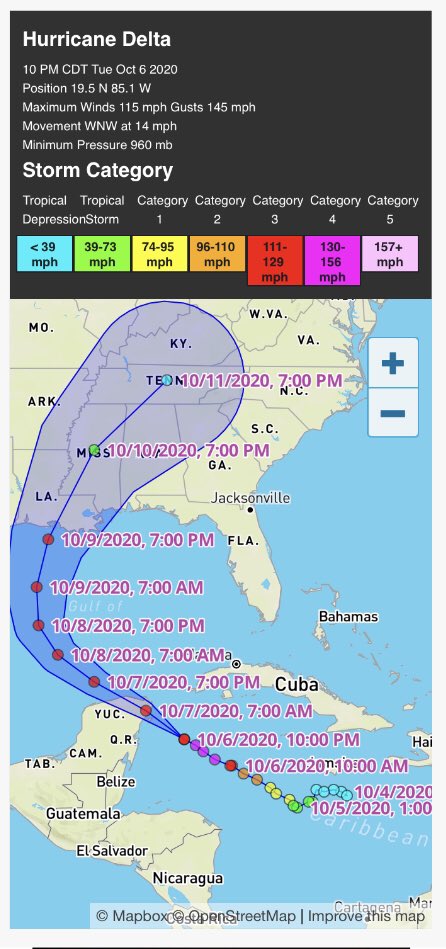 PCivilCancun's tweet photo. 🔴 ((Alerta Roja)) 🔴

El Huracán #Delta se localiza a 220 km al este-sureste de Cozumel y a 260 km al sureste de Cancun, Q. Roo. Presenta vientos máximos sostenidos de 215 km/h y rachas de 270 km/h, con un desplazamiento de 26 km/h. Se mantiene vigilancia
@MaraLezama @AytoCancun https://t.co/brbBUS3eqb