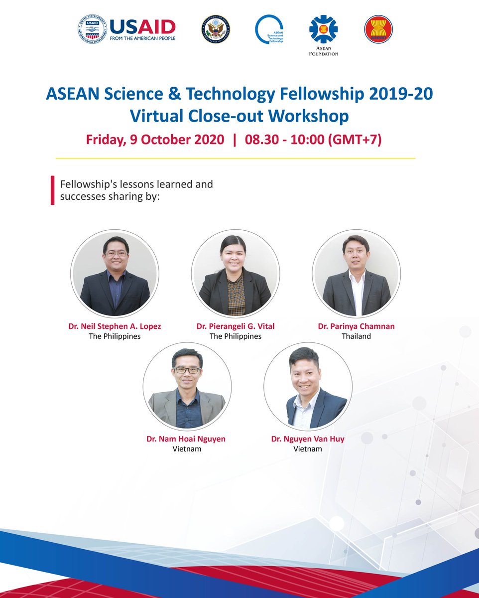 aseanfoundation's tweet photo. Watch LIVE the virtual Close-out Workshop of the ASEAN S&T Fellowship 2019-20 this week and discover how scientists are fighting COVID-19, digital economy, innovative startups and technology for SDGs.
https://t.co/JzwSBCIJNU
#ASEANSTFellow #ASEANisLit #WeAreAsean #beASEAN https://t.co/EzRW7swF18
