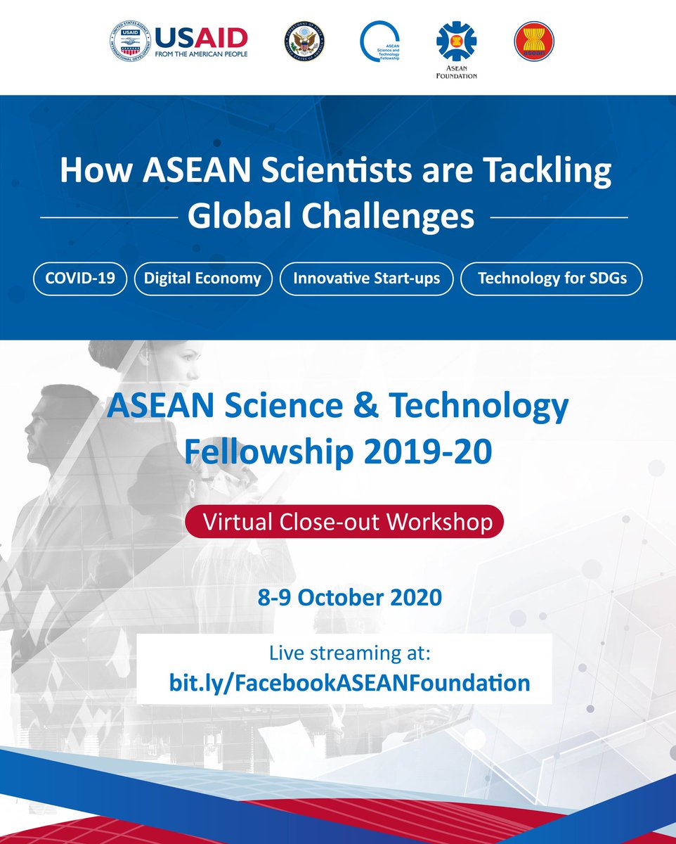 aseanfoundation's tweet photo. Watch LIVE the virtual Close-out Workshop of the ASEAN S&T Fellowship 2019-20 this week and discover how scientists are fighting COVID-19, digital economy, innovative startups and technology for SDGs.
https://t.co/JzwSBCIJNU
#ASEANSTFellow #ASEANisLit #WeAreAsean #beASEAN https://t.co/EzRW7swF18
