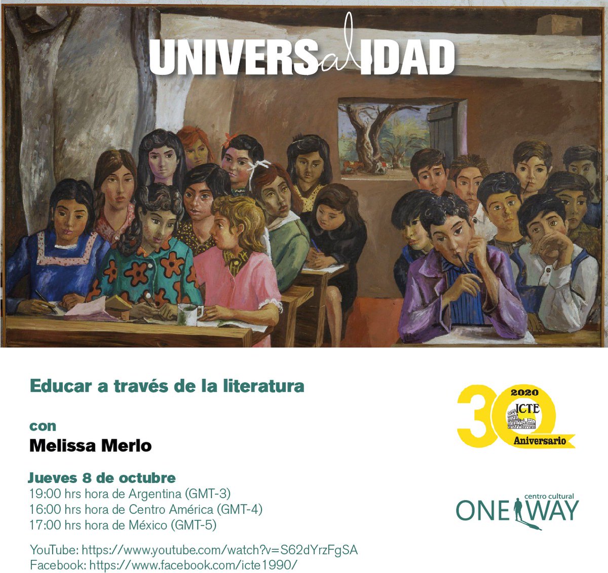OneWay_CA's tweet photo. Te invitamos a la próxima conferencia virtual "Educar a través de la literatura" 

▶️Fecha: Jueves 8 de Oct.

La transmisión será vía Facebook  y YouTube de  @ICTEedu

¡Te esperamos! 👨🏻‍💻👩🏻‍💻 https://t.co/ntFSdjs12X