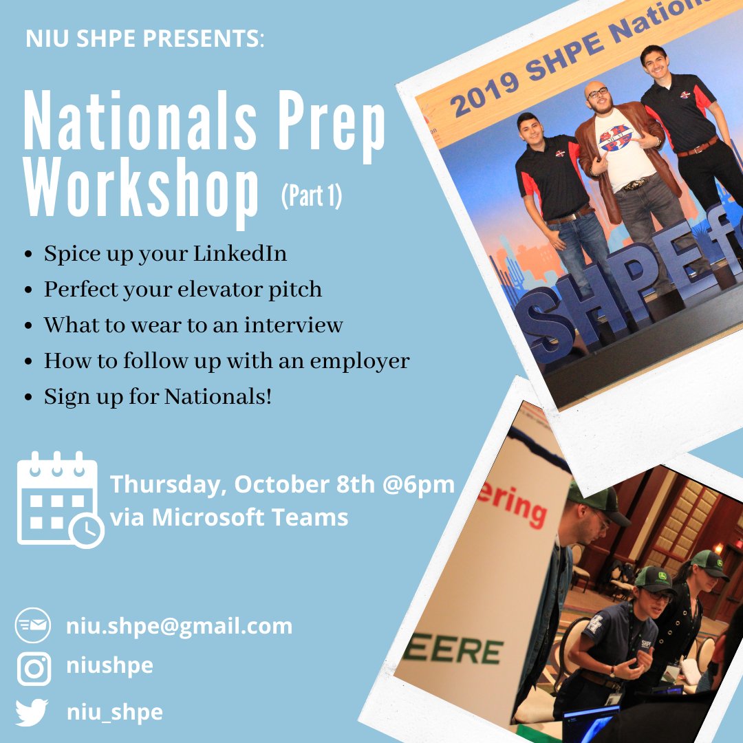 NIU_SHPE's tweet photo. Join us this Thursday for our professional development workshop! Fill out our google form to be added to our mailing list and receive the link to the meeting: https://t.co/w3ijiAWSEi https://t.co/9Az8HHIgqN