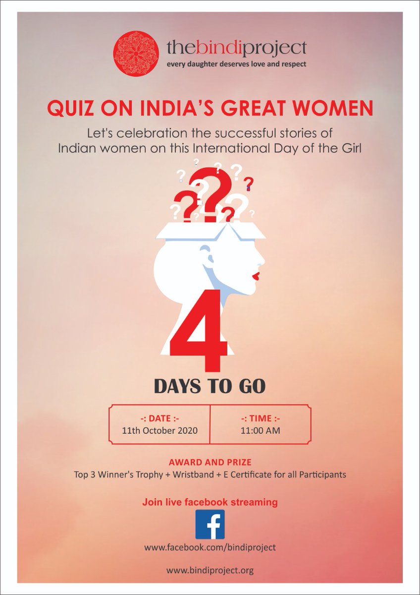 4 Days to go now for Quiz on India's Great Women to celebrate this International Day of The Girl!

Registration link 🔗 
> forms.gle/yvFzD7xHGVdAMy…

#IDG2020 #internationaldayofthegirl #quiz #indiaswomen #IndiasDaughter #thebindiproject