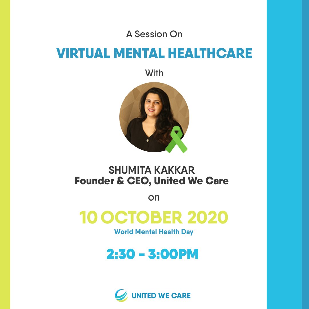 United_We_Care's tweet photo. Join session on #VirtualMentalHealthcare by our CEO @shumitakakkar. Know about how #technology can help overcome #Mentalhealth challenges and the story behind UWC
LIVE on SATURDAY 2:30 PM #WorldMentalHealthDay
Register for the event here https://t.co/RaavYJ3L3X
#TimeToOpenUp https://t.co/ES1M3Axo6l