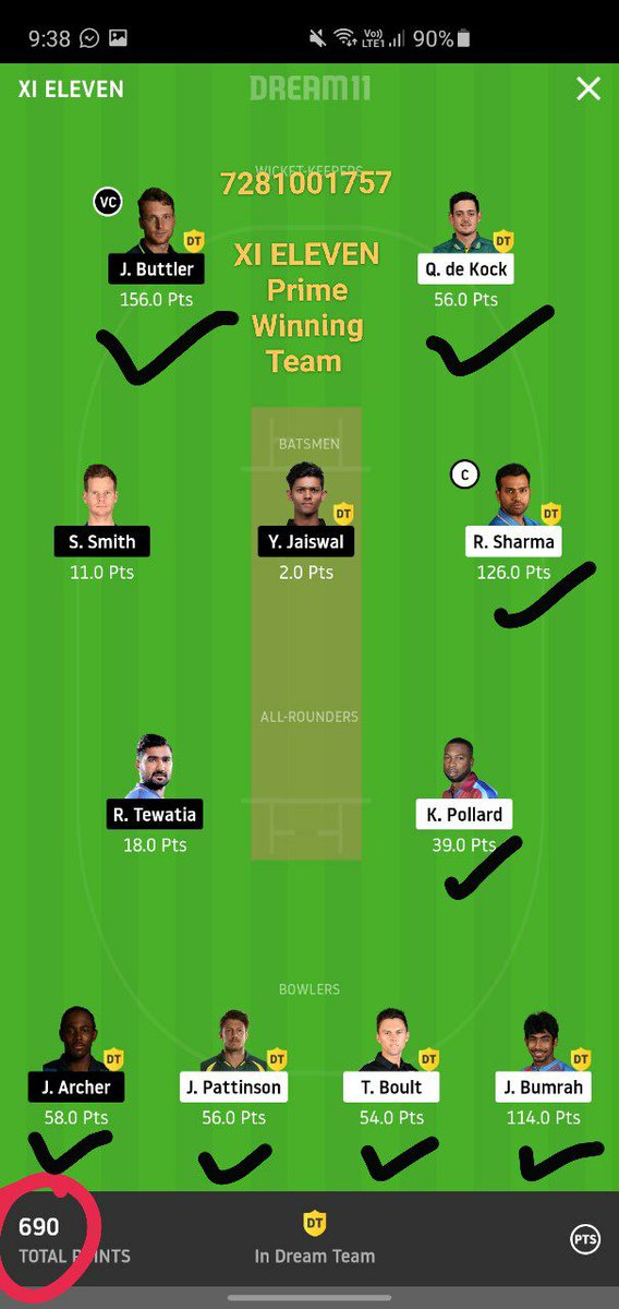 CricketOffice's tweet photo. We got 690 Points in this match. 🏏🏏✌️✌️ Our C &amp; Vc, =R. Sharma &amp; J. Buttler Both worked properly in this match.🔥🔥 💪💪👌👌Easily winning in Only 3,members contests. 🏏🏏✌️🏏🏏XI ELEVEN FAMILY🔥🔥✌️✌️msg me for Prime Teams here on WhatsApp /Telegram 7281001757 https://t.co/29PsLXM4b0