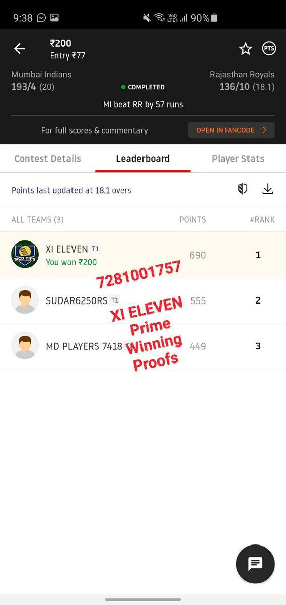 CricketOffice's tweet photo. We got 690 Points in this match. 🏏🏏✌️✌️ Our C &amp; Vc, =R. Sharma &amp; J. Buttler Both worked properly in this match.🔥🔥 💪💪👌👌Easily winning in Only 3,members contests. 🏏🏏✌️🏏🏏XI ELEVEN FAMILY🔥🔥✌️✌️msg me for Prime Teams here on WhatsApp /Telegram 7281001757 https://t.co/29PsLXM4b0