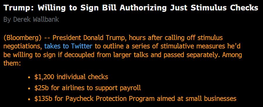 Christophe Barraud On Twitter Trump Willing To Sign Bill Authorizing Just Stimulus Checks Bloomberg