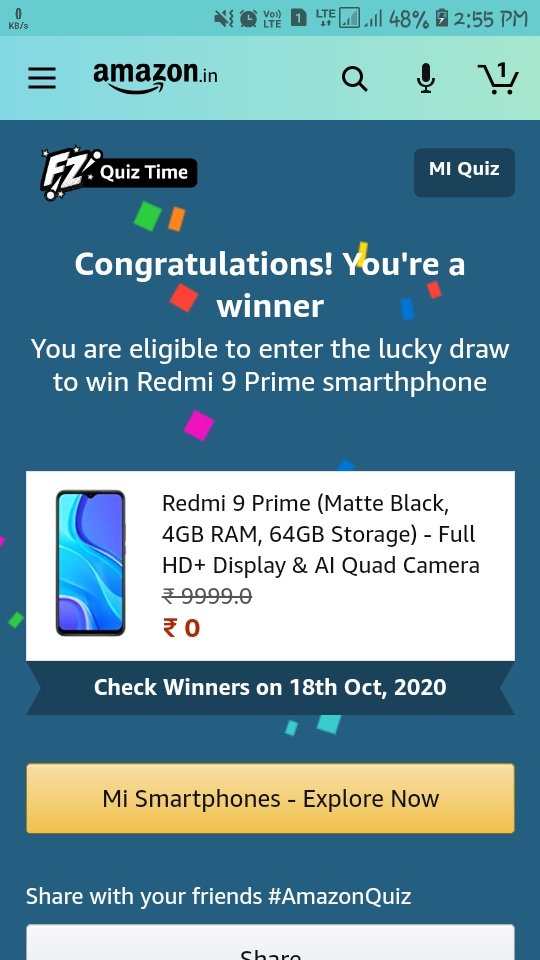 _shubhammandloi's tweet photo. I won this Quiz @amazonIN @amazon #AmazonQuiz #AmazonIndia #18thOctober2020 @RamaMandloi #shubhammandloi @JeffBezos #FunZoneQuiz @RishikaMandloi0 @_shubhammandloi @KohareAtul @RedmiIndia #Redmi9Prime #MISmartphones #MIQuiz @XiaomiIndia #AmazonMIQuiz https://t.co/MIX9FFcuF5