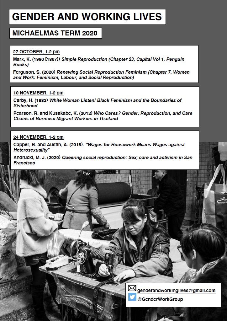 GenderWorkGroup's tweet image. GWL READING GROUP IS BACK! 🥳🎉😀 Pleased to share our great new term card. Theme this term is social reproduction. Join us online! All welcome: new, old, Cambridge, everywhere. Join our mailing list or email us for the link. #gender #work #socialreproduction #phd #ecr #research