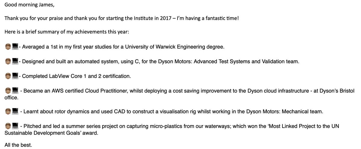 Such a great email sent by a Dyson Institute Undergraduate Engineer to James Dyson after his announcement of new Degree Awarding Powers <a href="/Dyson/">Dyson</a>