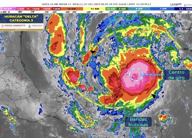 🔴 ((Alerta Roja)) 🔴

El Huracán #Delta de categoría 3, se localiza a 55 km al este-noreste de Cozumel, y a 75 km al sur-sureste de Cancun, Q. Roo. Se desplaza a 28km/h con vientos máximos sostenidos de 185 km/h y rachas de 220 km/h. Se monitorea  <a href="/MaraLezama/">Mara Lezama</a> <a href="/AytoCancun/">Ayto Benito Juárez</a>