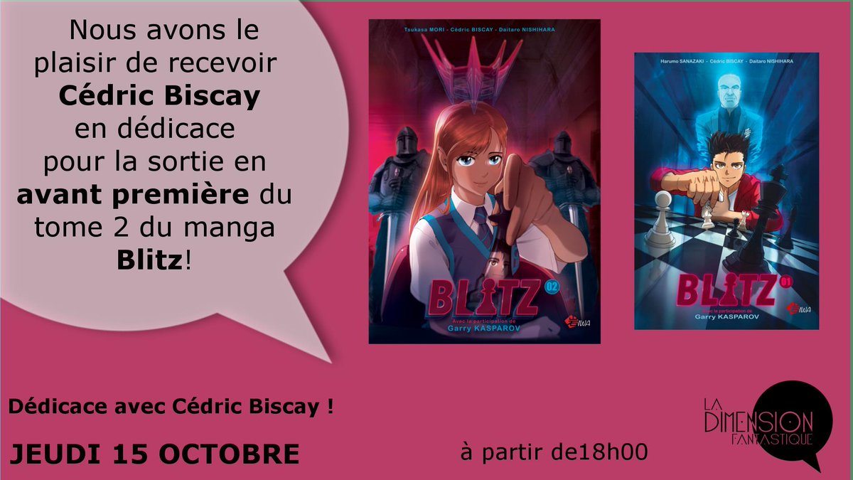 ffechecs's tweet image. Le tome 2 du #manga #blitz sortira prochainement, et vous pouvez le découvrir en avant-première à Paris le 15 octobre à la Librairie la dimension fantastique. Le créateur du manga, Cédric Biscay, sera présent pour une séance de dédicaces.
Plus d&apos;infos sur facebook.com/events/6521608…