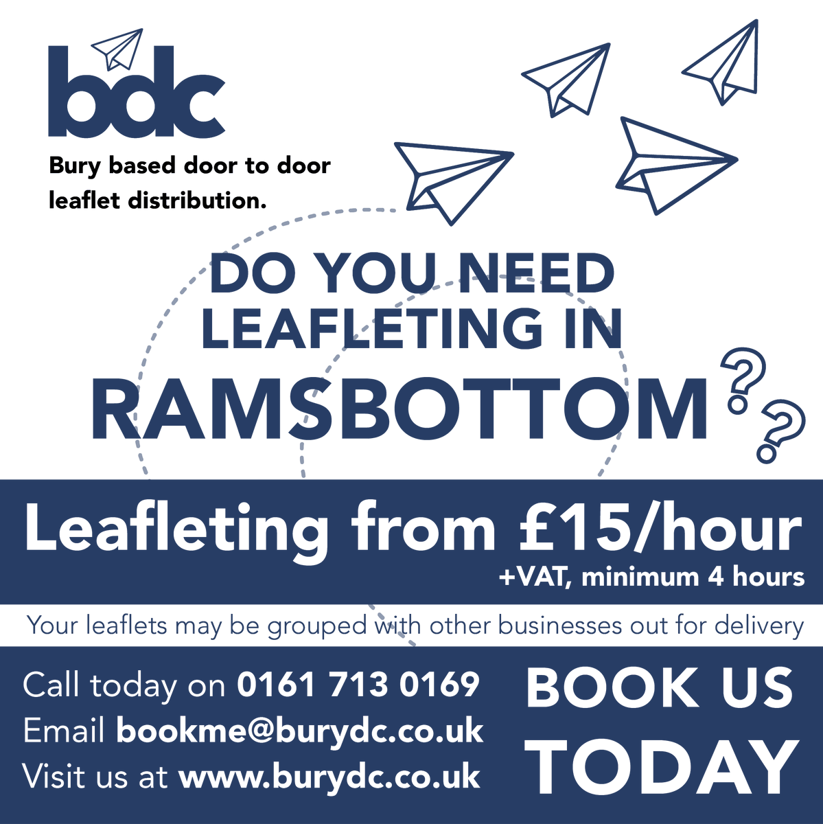 📮 Leafleting from £15/hour +vat (minimum 4 hours)
Do you need #leafleting in #Ramsbottom ?
☎️ Call today on 0161 713 0169
📥 Email bookme@burydc.co.uk
🖥️ Or visit burydc.co.uk
