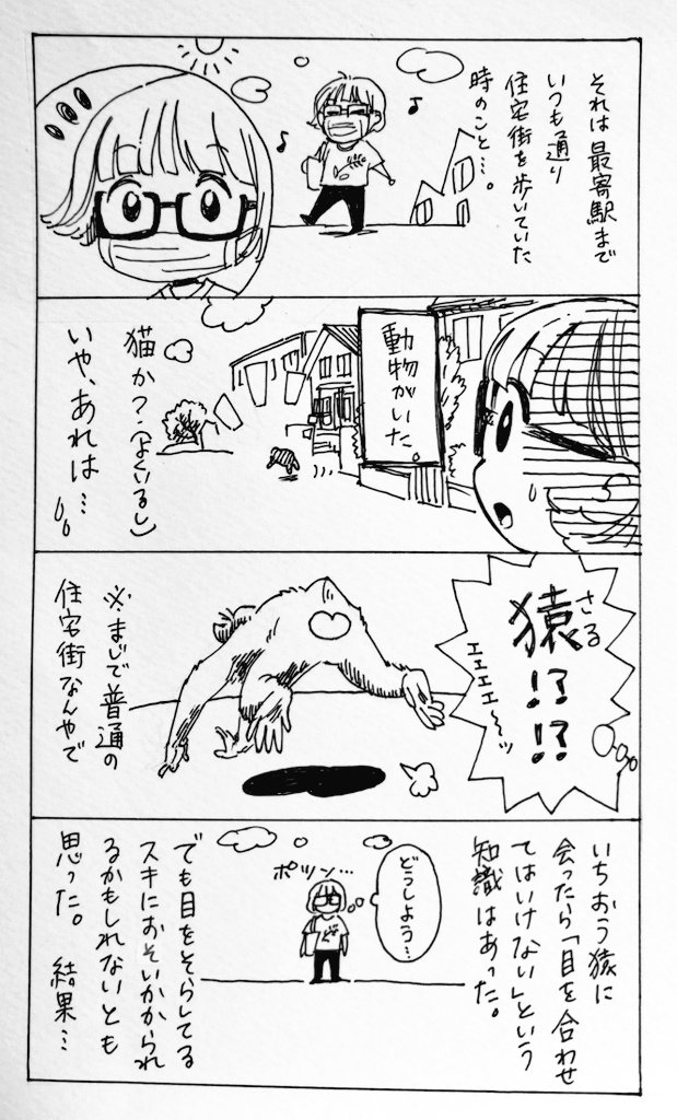 私が猿に襲われたときの漫画です?
逃げるのは「相手より弱い」証拠になるそうです。うきー 