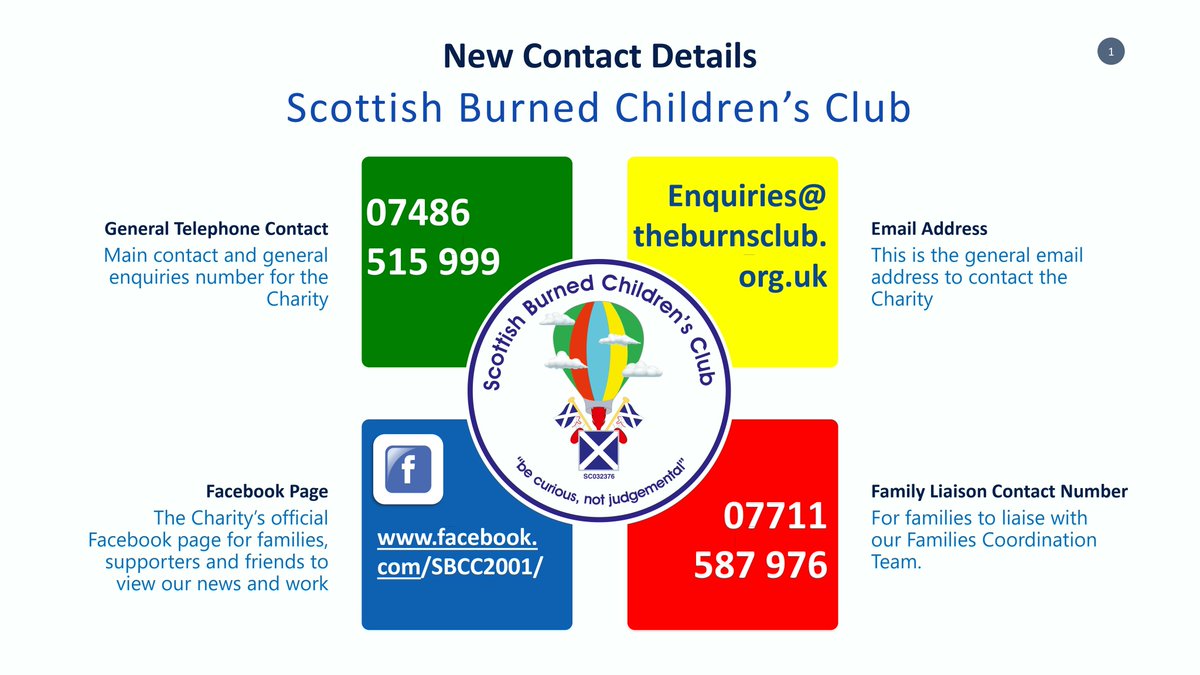Please be advised of a change of contact number for the Scottish Burned Children's Club as of Friday 9th October 2020.